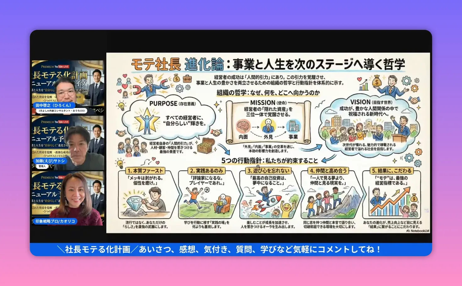 モテ社長進化論のVALUESスライドを大きく捉えたクリアなスクリーンショット、左に登壇者映像