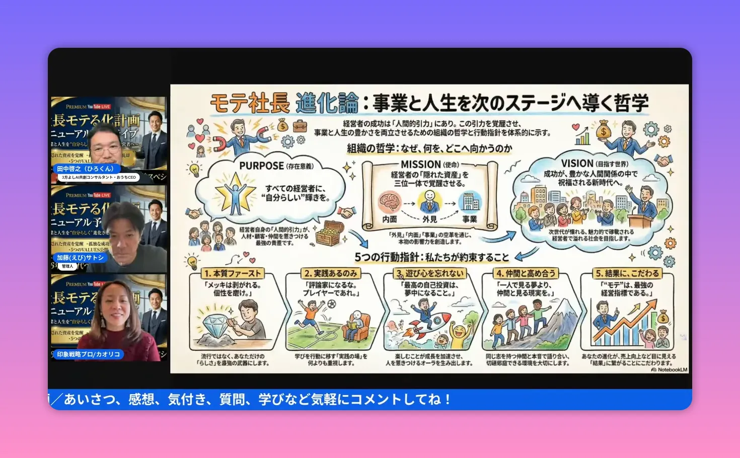 モテ社長進化論の大きなVALUESスライドが中央に表示され、左に登壇者の顔が並ぶ画面