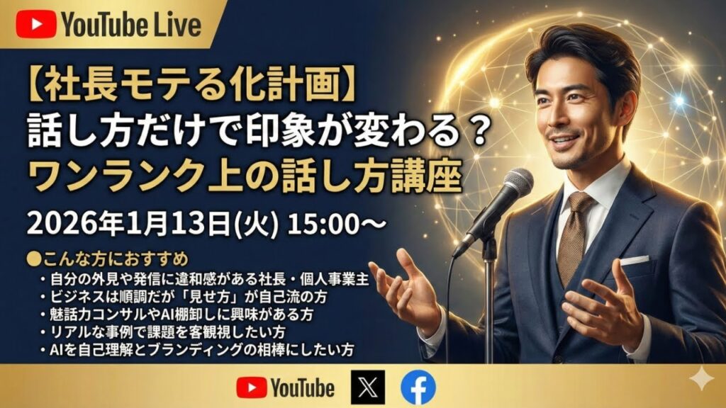 video thumbnail for '【社長モテる化計画】話し方だけで印象が変わる？ワンランク上の話し方講座　2026年1月13日(火) 15:00〜'