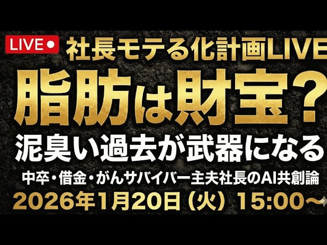 video thumbnail for 'なぜ泥臭い過去がAI時代最強の「武器」になるのか？元134kg・中卒・がんサバイバー主夫社長の社長モテる化計画LIVE2026年1月20日15時〜'