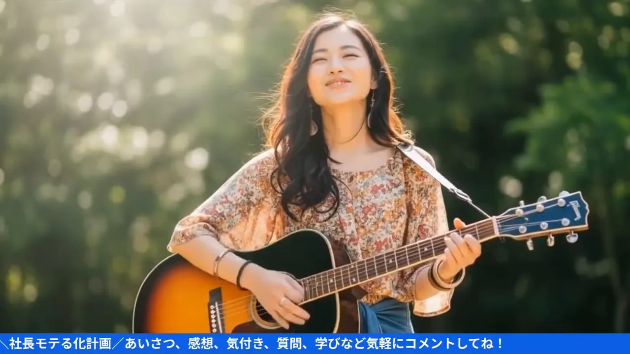 【社長モテる化計画】話し方だけで印象が変わる?ワンランク上の話し方講座(2026/01/13) ギターを弾きながら笑顔で歌う女性のクローズアップ