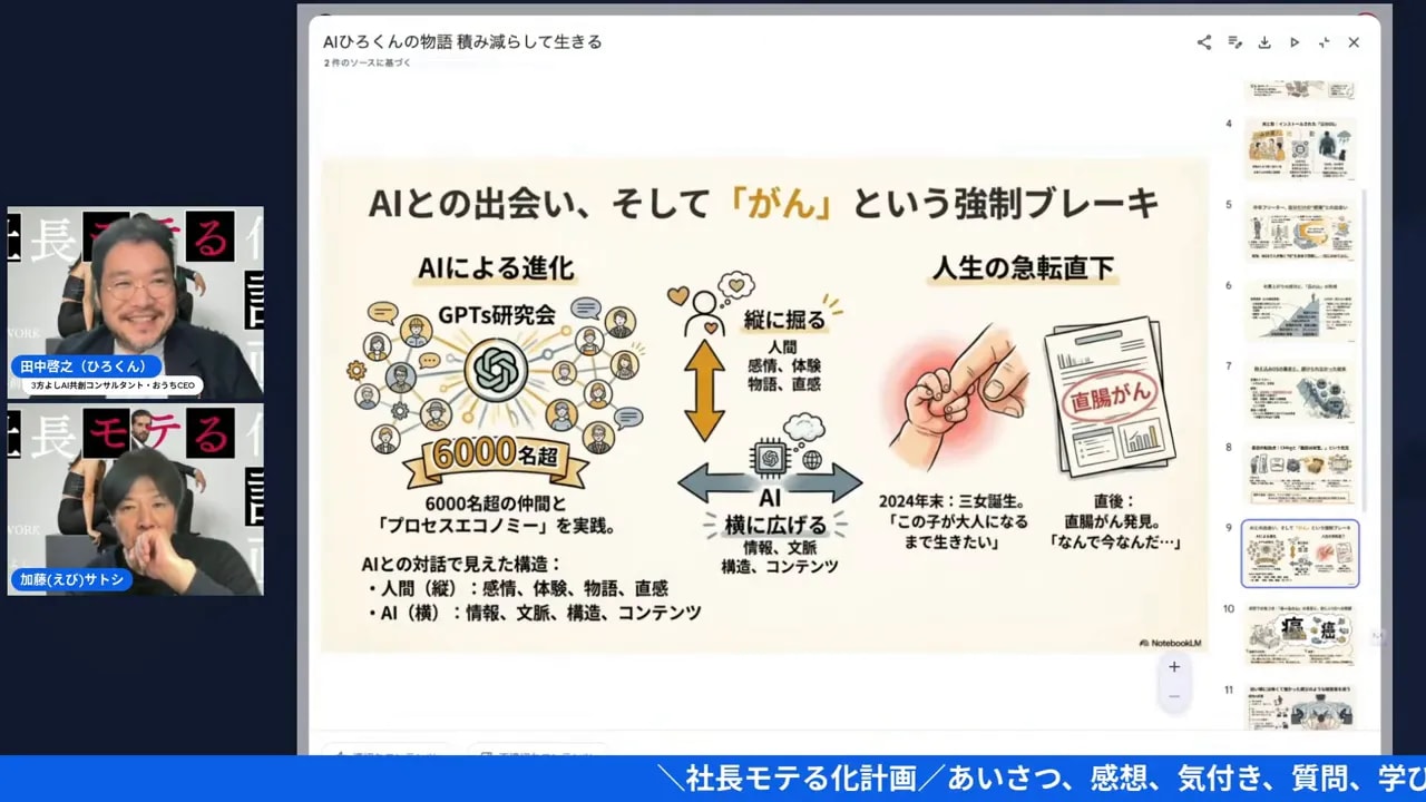 スライド『AIとの出会い、そしてがんという強制ブレーキ』の図と『直腸がん』の表記が見える配信スクリーン。
