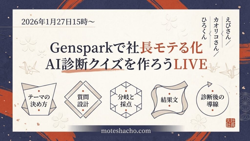 video thumbnail for '【社長モテる化計画】GensparkでAI診断クイズを作ろう！LIVE2026年1月27日15時〜'