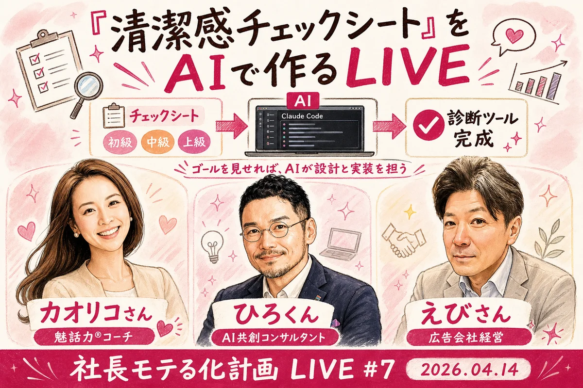 清潔感チェックをAI診断ツールに|社長モテる化計画LIVE #7 「清潔感チェックシート」をAIで診断ツールに変えるLIVE 全体図 — 社長モテる化計画 LIVE #7