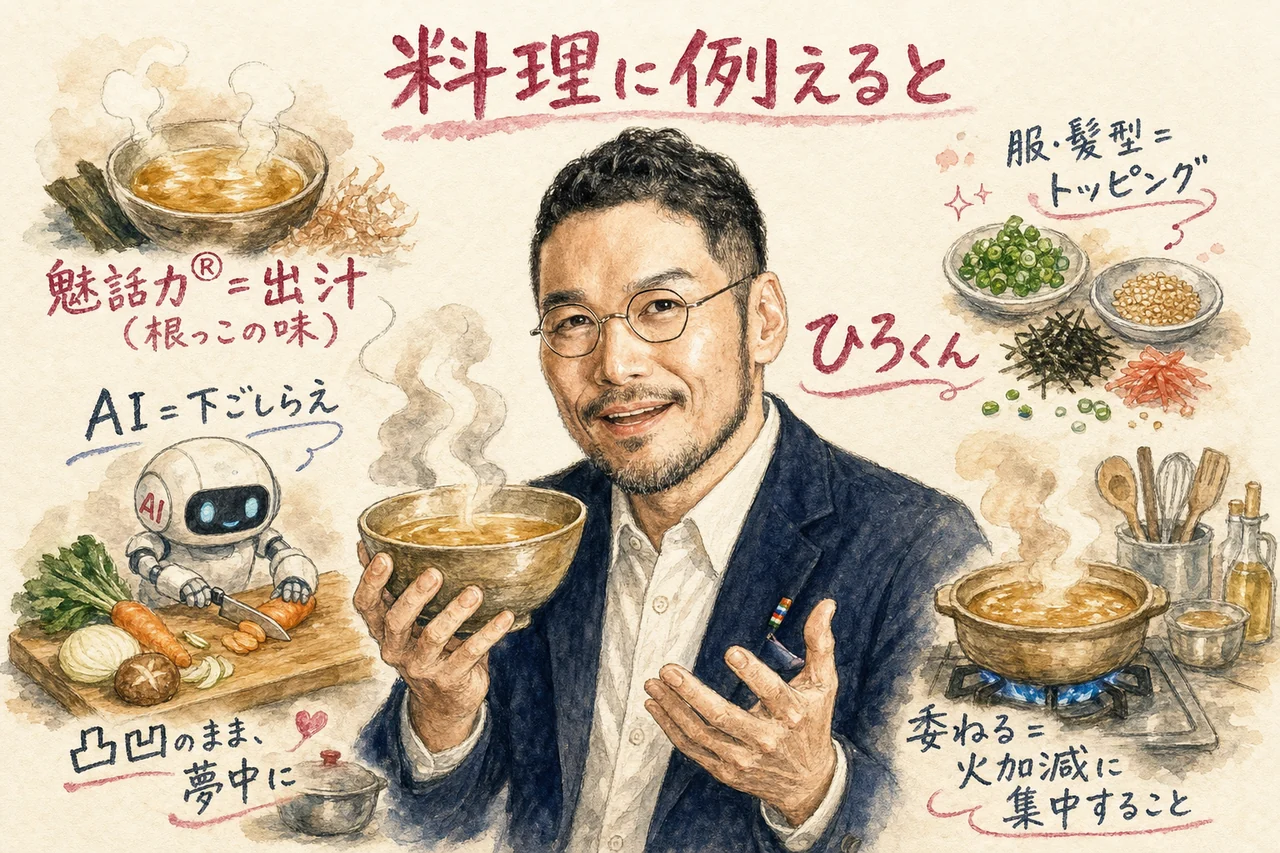 魅話力®を受けて、社長は何が変わったのか?公開生インタビュー! 魅話力®を出汁、AIを下ごしらえにたとえて、ひろくんが凸凹のまま夢中に生きる哲学を語る図解