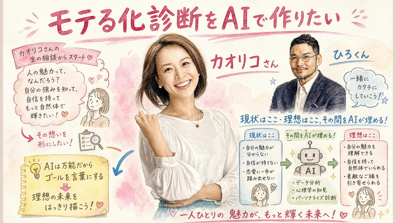 「モテる化診断」をAIで作りたいという相談から始まった公開ミーティングのグラレコ図解