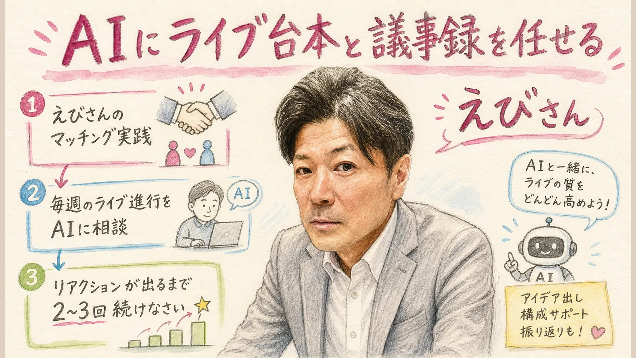えびさんがAIにライブ台本と議事録を任せるマッチング実践のグラレコ図解