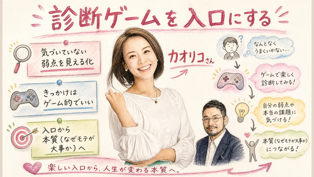 気づいていない課題を診断ゲームで入口にするアイデアのグラレコ図解