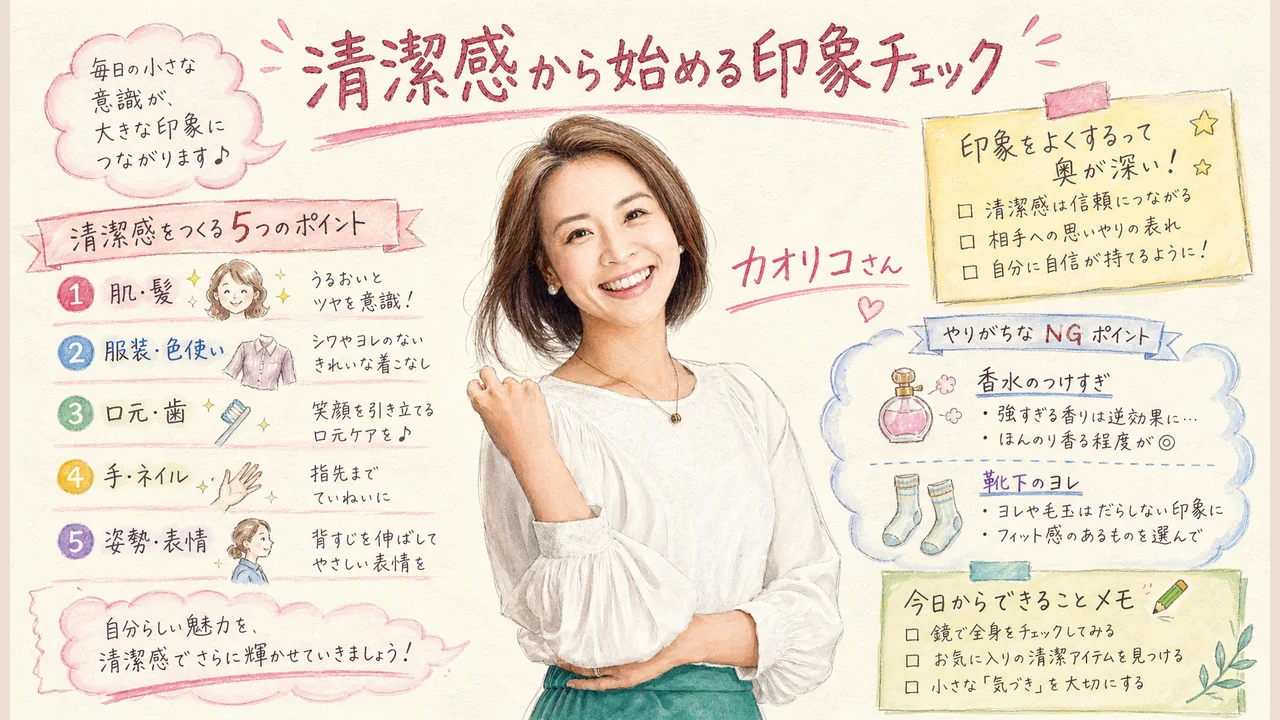 清潔感から始める印象チェックを1項目ずつ深掘りするグラレコ図解