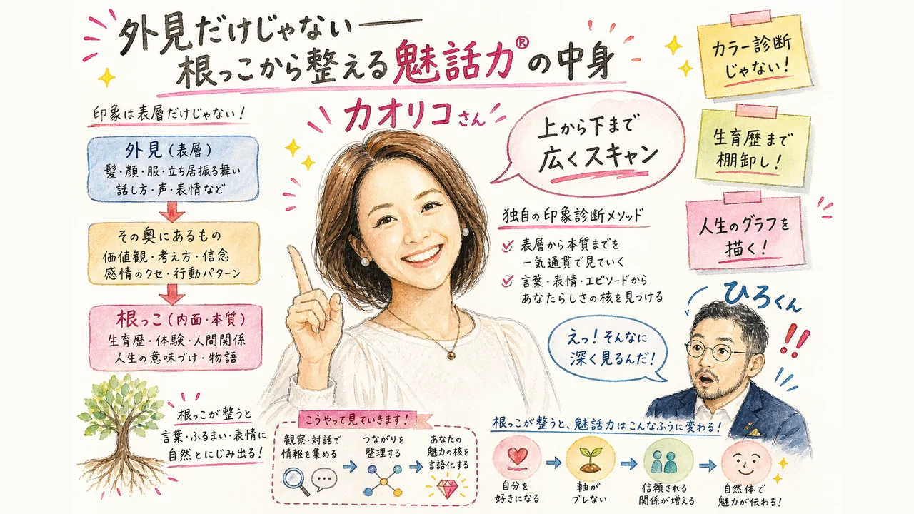 魅話力®を受けて、社長は何が変わったのか?公開生インタビュー! 全身スキャンと生育歴の棚卸しという魅話力®の中身を説明するカオリコさんのグラフィックレコーディング