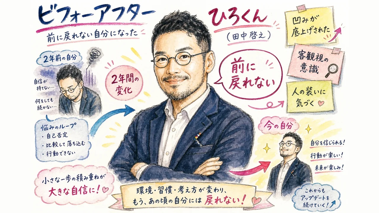 魅話力®を受けて、社長は何が変わったのか?公開生インタビュー! 前に戻れないと2年間の変化を語るひろくんのビフォーアフターのグラフィックレコーディング