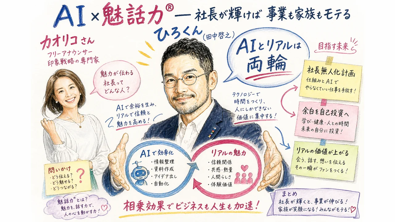 魅話力®を受けて、社長は何が変わったのか?公開生インタビュー! AIで生んだ余白を自己投資に回しリアルの価値が上がる両輪を描いたひろくんのグラフィックレコーディング