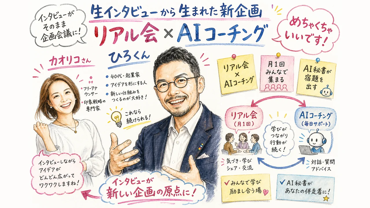 魅話力®を受けて、社長は何が変わったのか?公開生インタビュー! リアル会とAIコーチングを組み合わせた新企画の構想を描いたグラフィックレコーディング