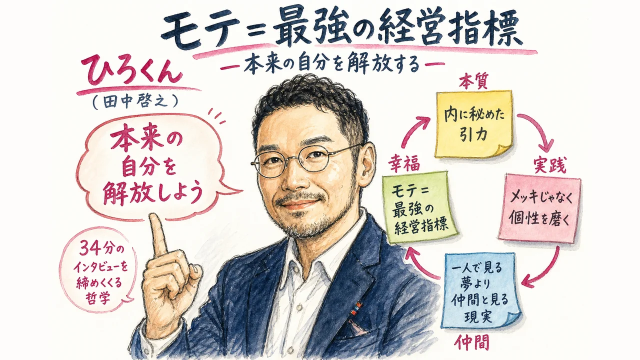 魅話力®を受けて、社長は何が変わったのか?公開生インタビュー! モテは最強の経営指標と語るひろくんの締めの哲学のグラフィックレコーディング