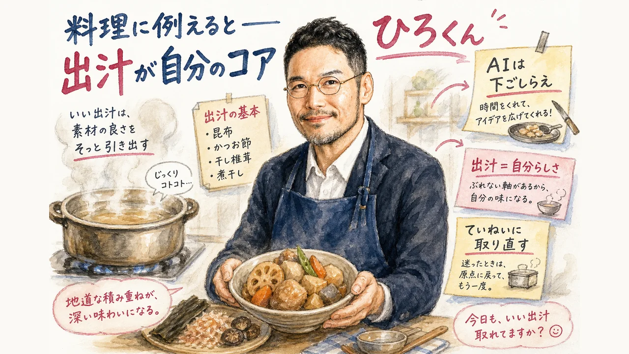 AIは下ごしらえ、自分のコアは出汁という料理メタファーのグラフィックレコーディング