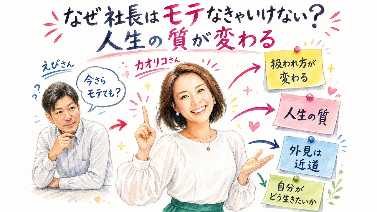 モテのベネフィットを語り合うカオリコさんとえびさんのグラフィックレコーディング