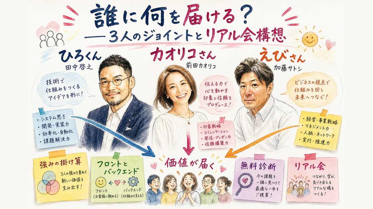 3人のジョイントとリアル会構想を語り合う3人のグラフィックレコーディング