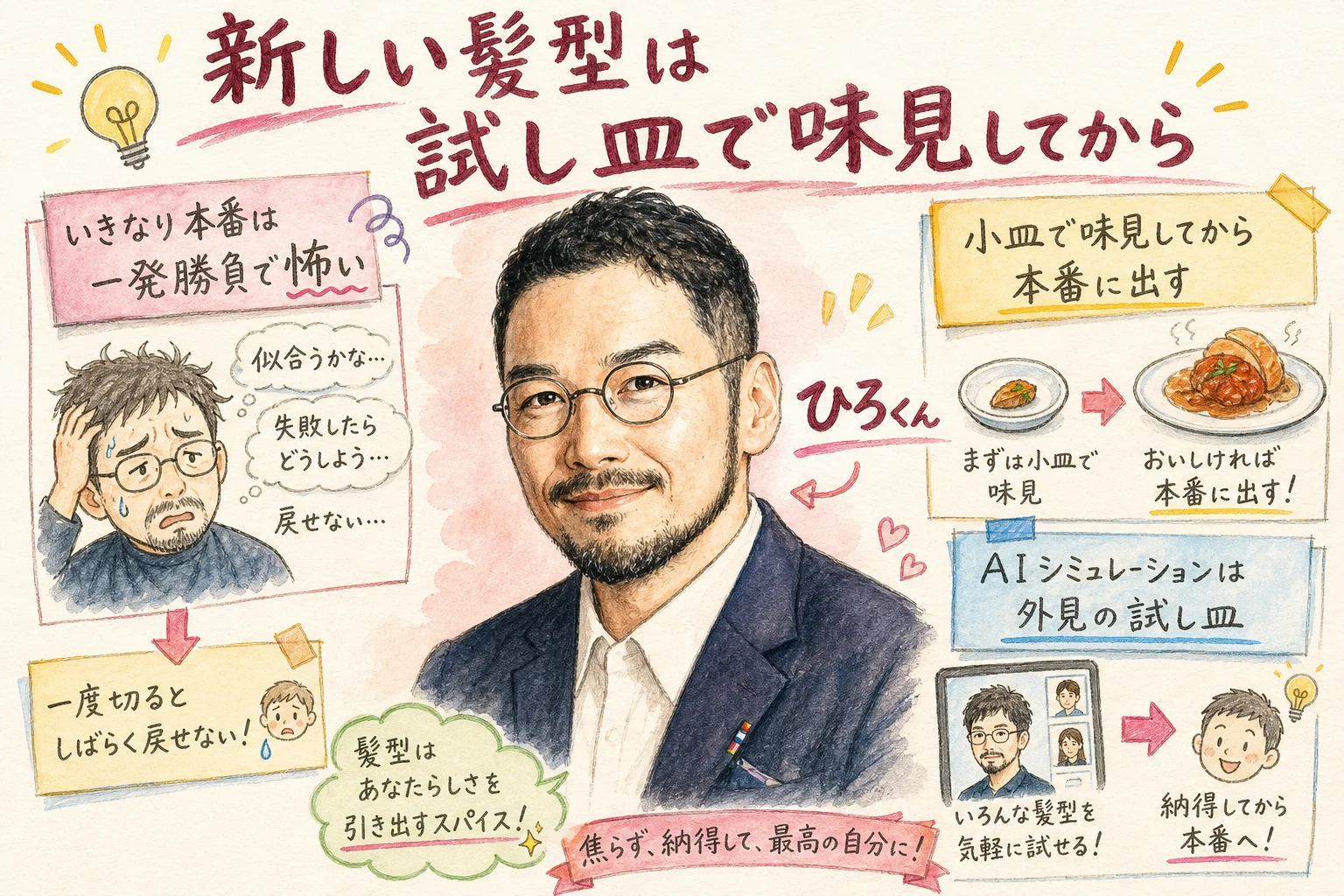 新しい髪型はいきなり本番ではなく試し皿で味見してから——AIシミュレーションのコラム図解