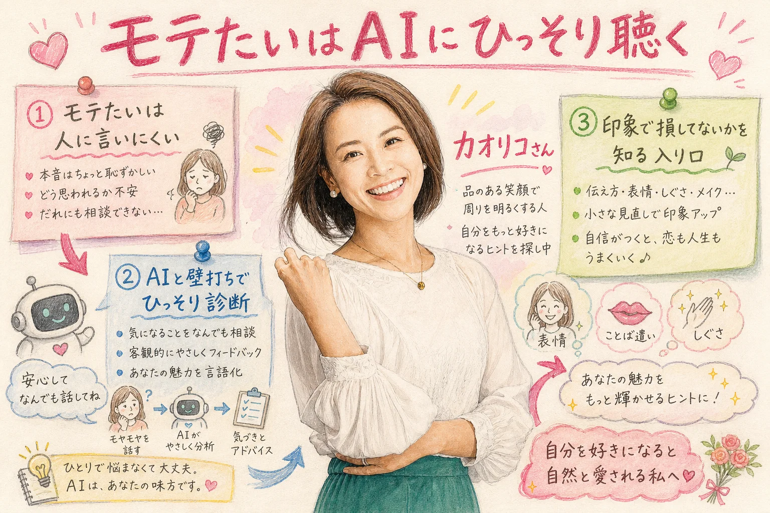 モテたいは人に言いにくいからAIにひっそり聴くというテーマを描いたグラレコ図解