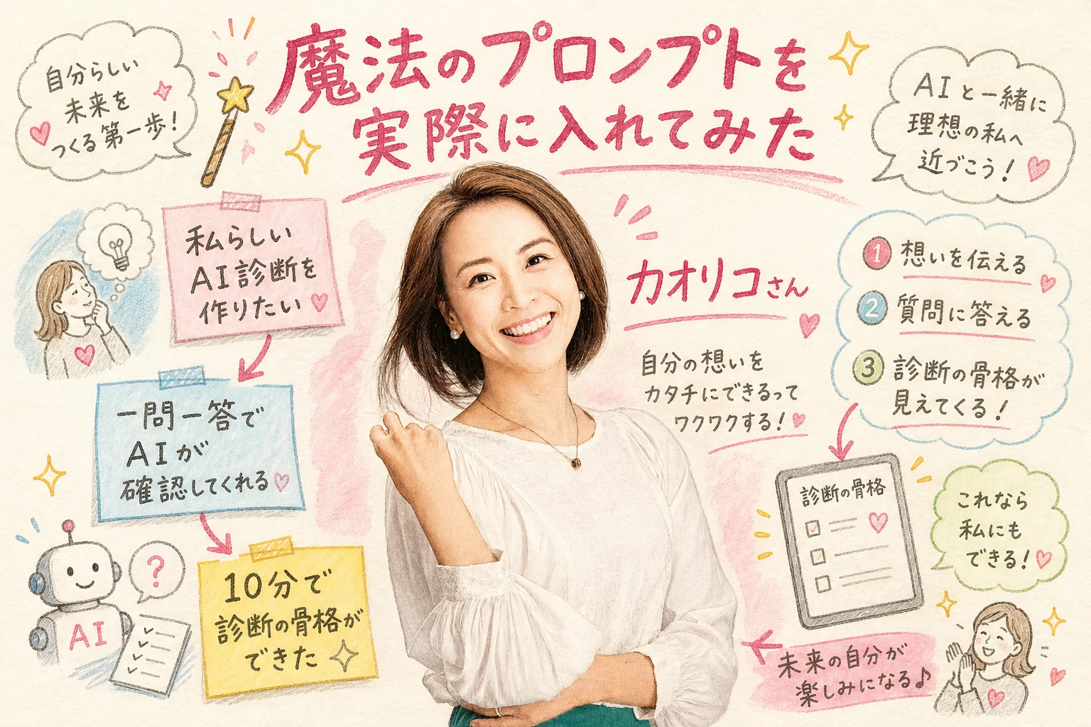 前回教わったプロンプトを自分のChatGPTに入れて診断づくりを実演するカオリコさんのグラレコ図解