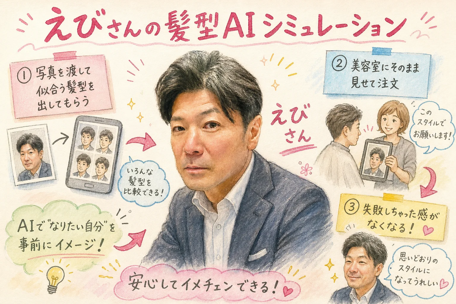えびさんが髪型AIシミュレーションを実演して見せるグラレコ図解