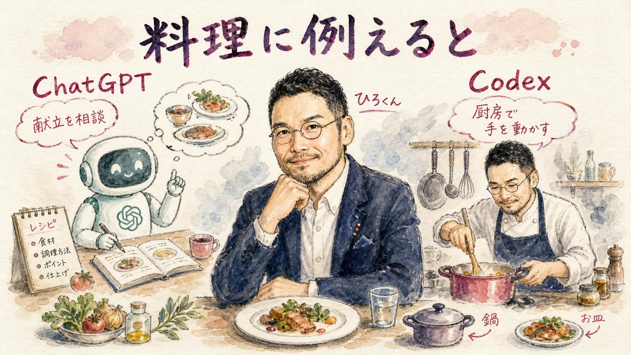 「モテる化診断」をCodexでアプリにしてみた|ChatGPT×Codexの二人三脚【社長モテる化計画 LIVE #12】 ChatGPTとCodexの役割分担を料理に例えた図解