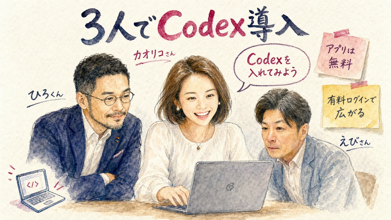 「モテる化診断」をCodexでアプリにしてみた|ChatGPT×Codexの二人三脚【社長モテる化計画 LIVE #12】 ChatGPTで作った診断をCodexでアプリにする挑戦を示す図解