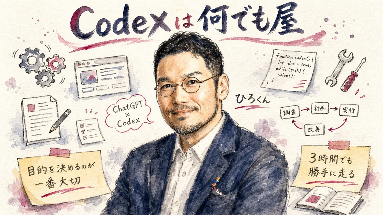 「モテる化診断」をCodexでアプリにしてみた|ChatGPT×Codexの二人三脚【社長モテる化計画 LIVE #12】 Codexがパソコン操作や自動化まで何でもこなすことを示す図解