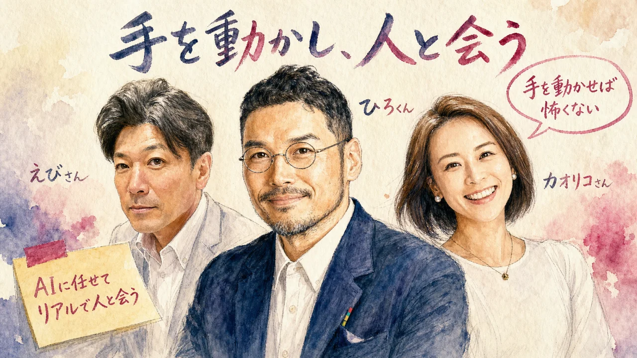 「モテる化診断」をCodexでアプリにしてみた|ChatGPT×Codexの二人三脚【社長モテる化計画 LIVE #12】 手を動かしてAIに慣れ、リアルの場で人と会う3人を描いた図解