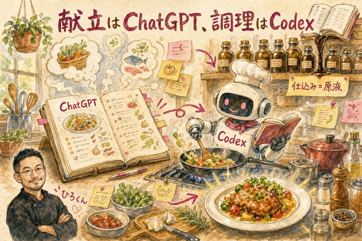 献立の相談相手と調理人に例えたChatGPTとCodexの役割分担の図解