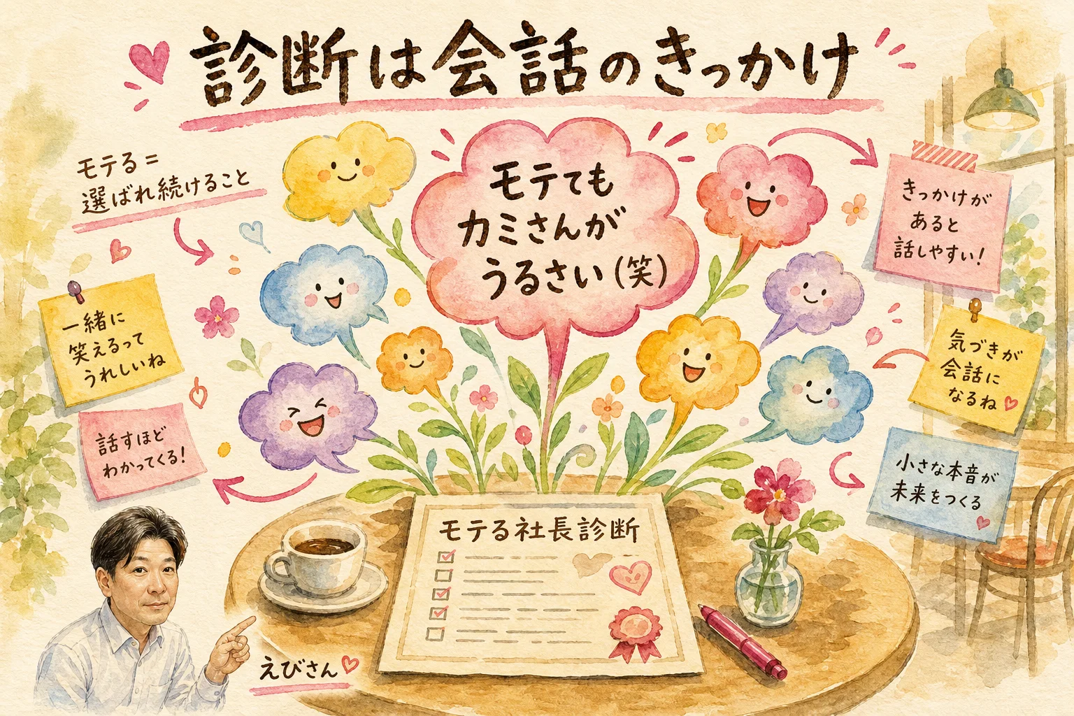 モテる社長診断を受けた人との会話が広がっていく様子の図解