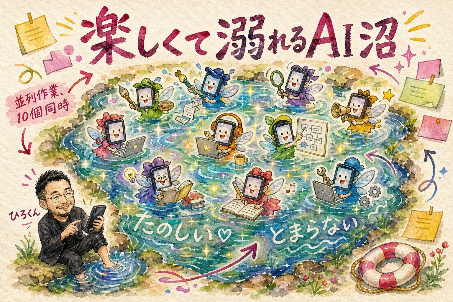 AIの並列作業が楽しすぎて沼に沈んでいく様子をユーモラスに描いた図解
