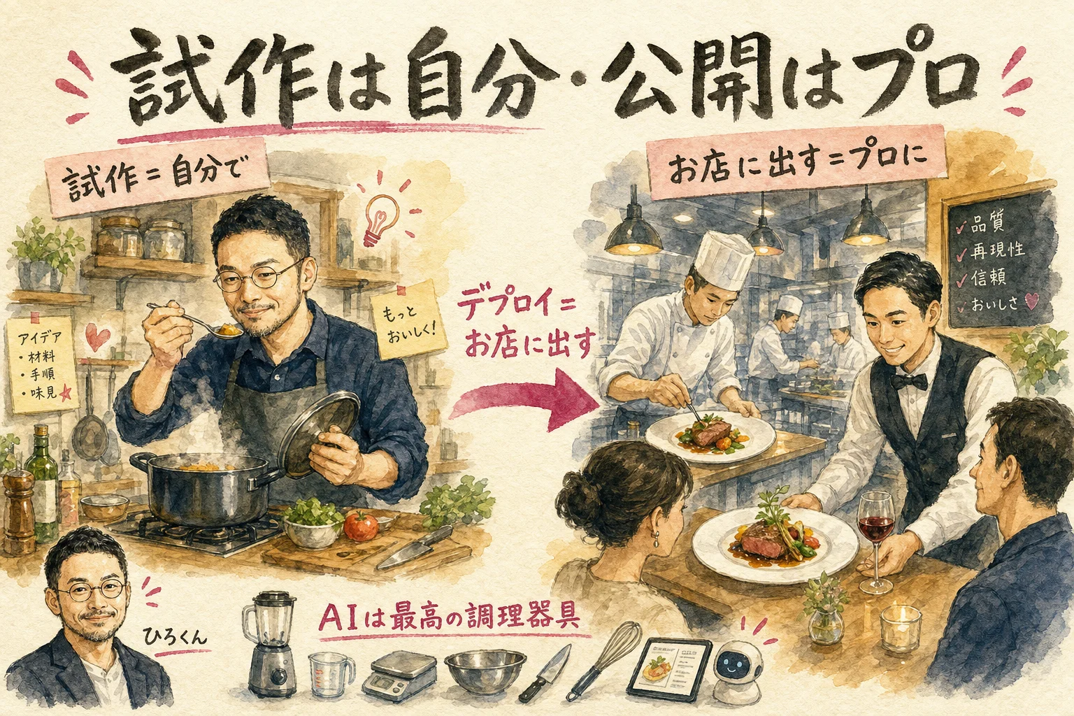 試作は自分のキッチンで、お店に出すのはプロに任せるという料理メタファーの図解