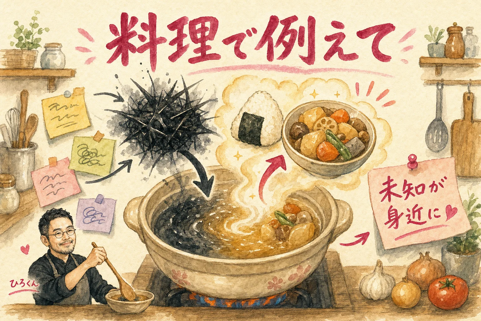 難しいIT用語を料理に例えて親しみやすく翻訳するAIのイメージ図解