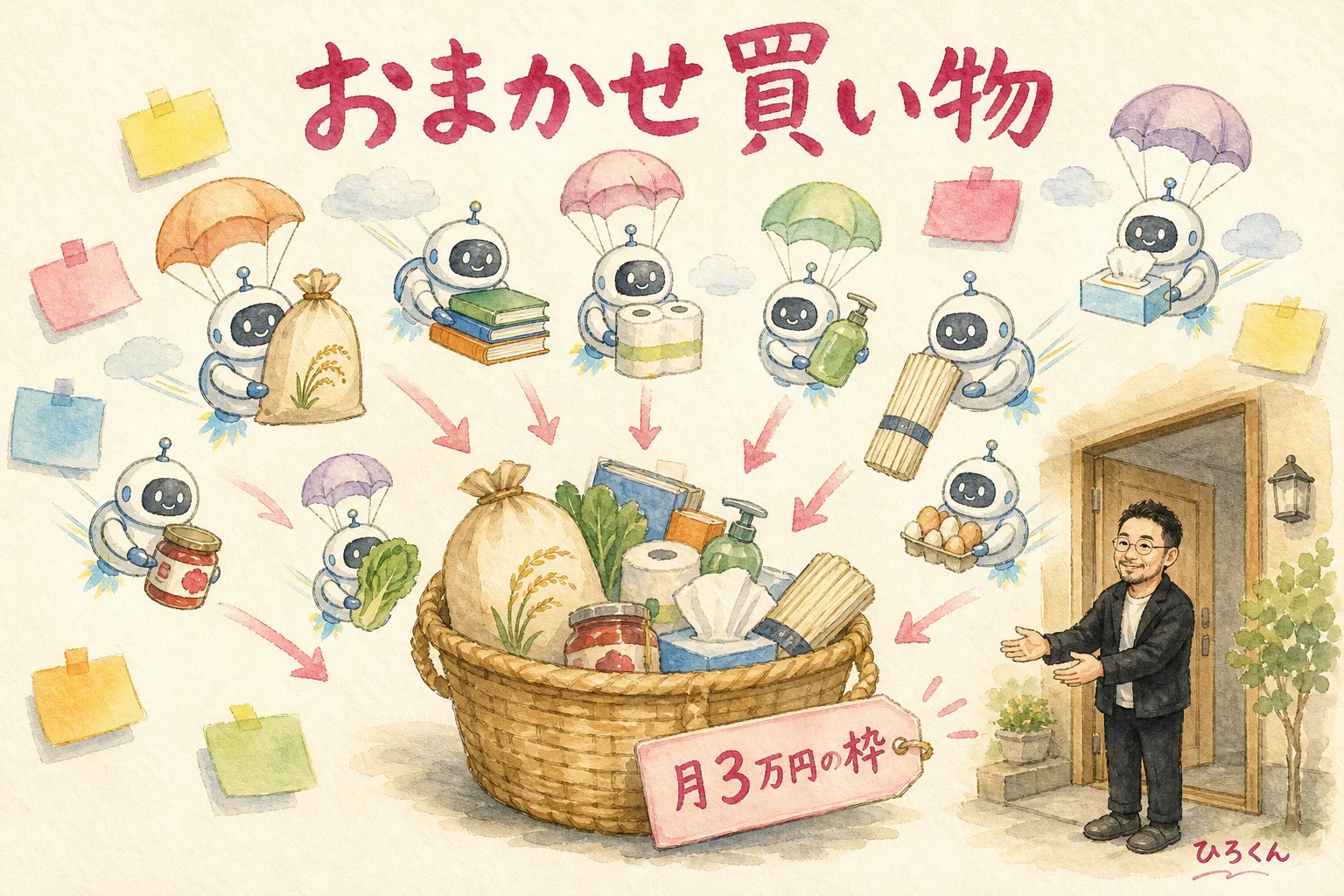 AIエージェントが予算上限の中で勝手に買い物や予約をしてくれる未来を描いた図解