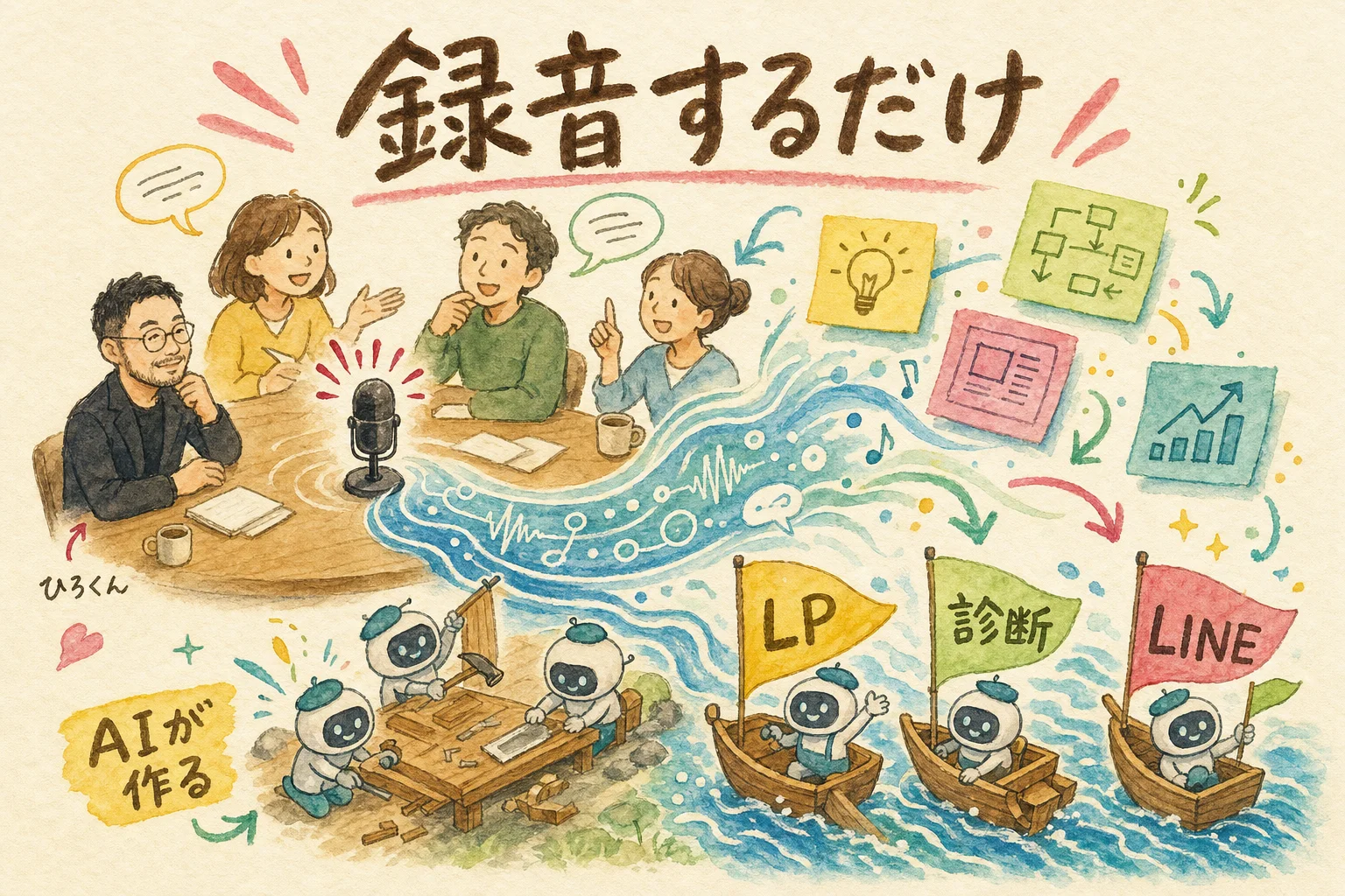 雑談を録音するだけでAIがLPや診断や自動配信を作ってくれる流れの図解