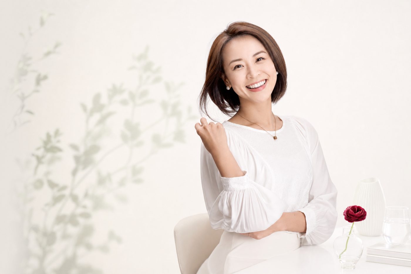 白いブラウス姿で明るく微笑む前田カオリコさん
