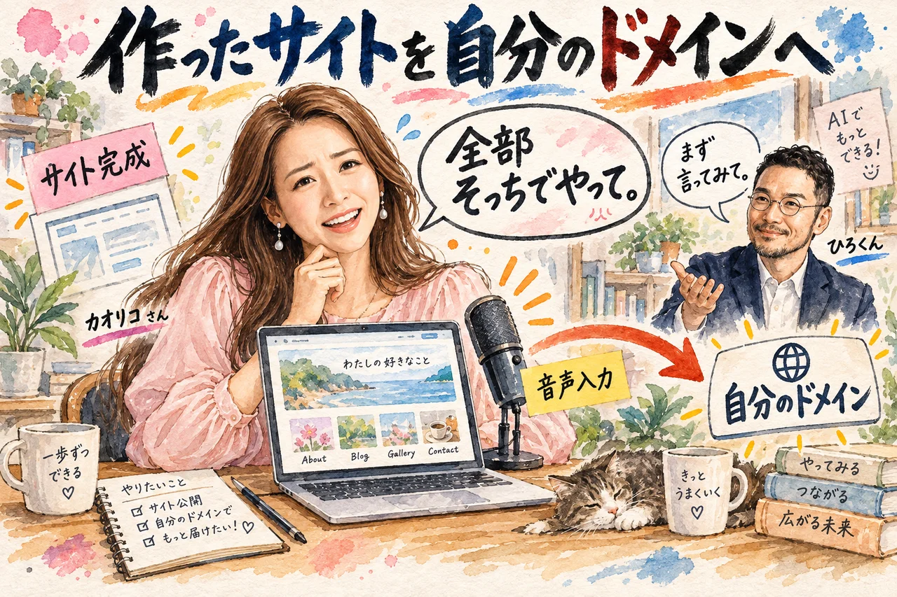 ChatGPTのブラウザ操作で独自ドメインの設定を任せてみた|画面が勝手に動く怖さと任せ方 作ったサイトを独自ドメインに載せたい。AIへの最初の頼み方は「全部そっちでやって」 グラレコ図解