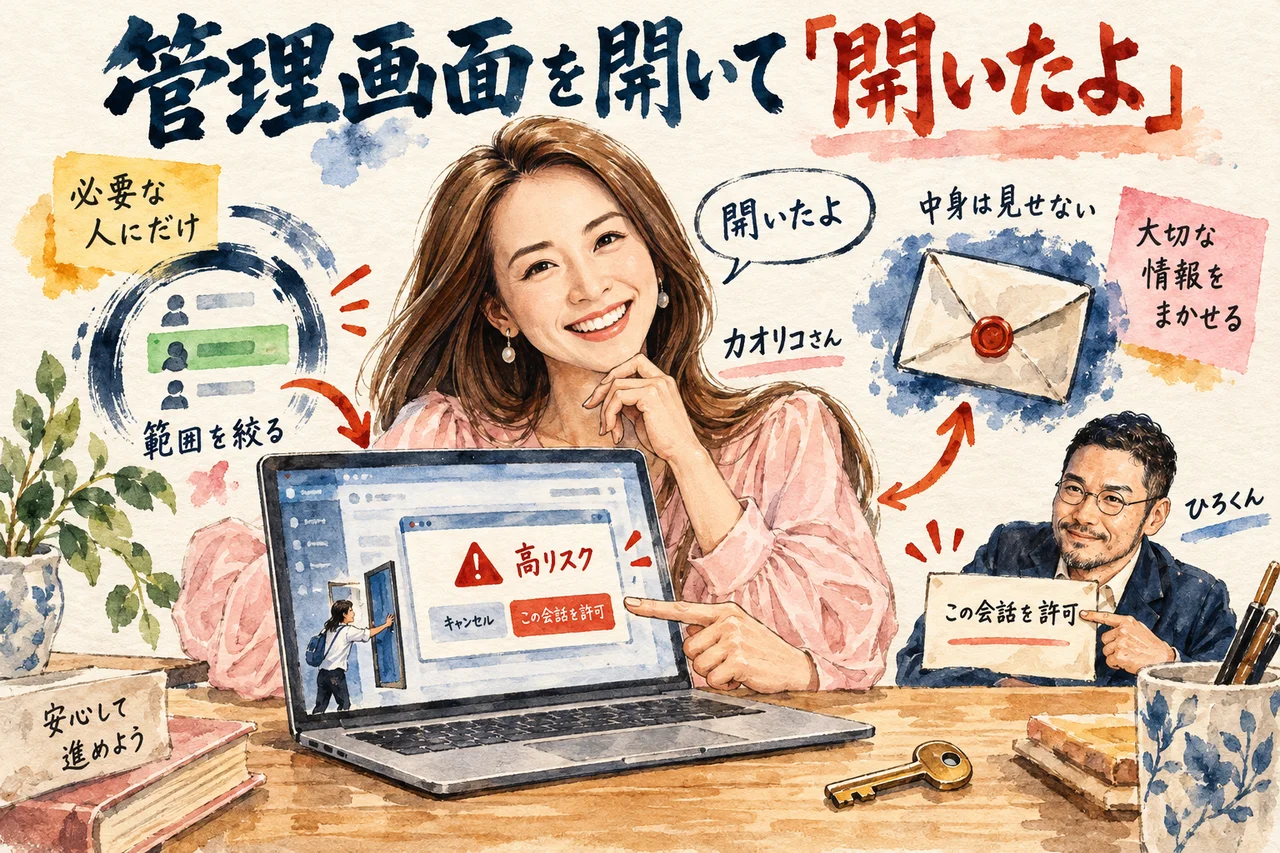 ChatGPTのブラウザ操作で独自ドメインの設定を任せてみた|画面が勝手に動く怖さと任せ方 管理画面を開いて「開いたよ」と伝える。鍵の預け方と、許可画面の「高リスク」 グラレコ図解