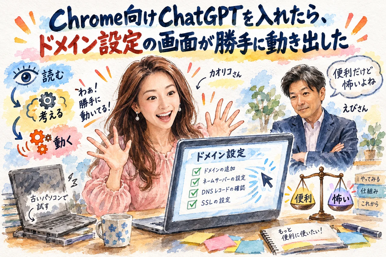 ChatGPTのブラウザ操作で独自ドメインの設定を任せてみた|画面が勝手に動く怖さと任せ方 Chrome向けChatGPTのブラウザ操作で、ドメイン設定の画面が勝手に動き出した グラレコ図解