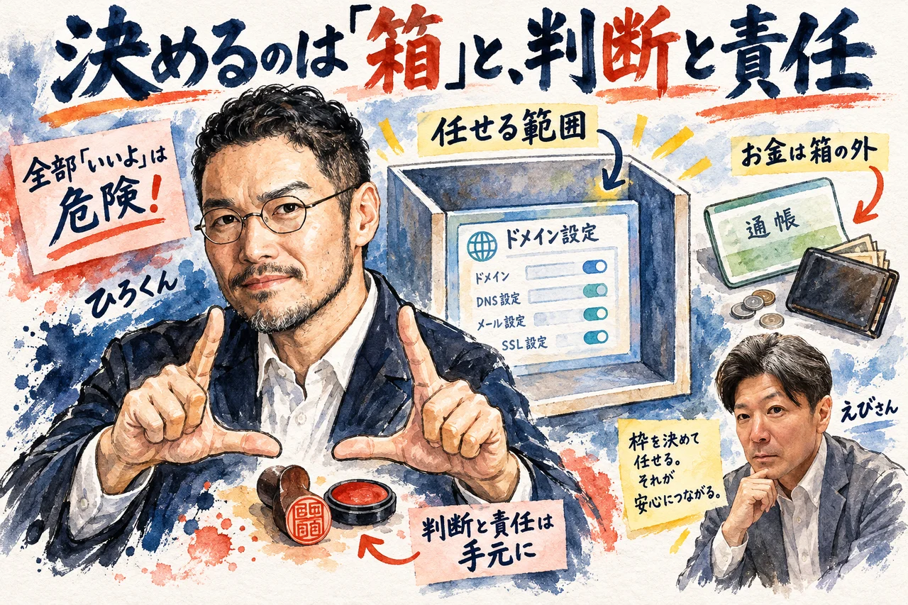 ChatGPTのブラウザ操作で独自ドメインの設定を任せてみた|画面が勝手に動く怖さと任せ方 全部「いいよ」で任せると大事故もありうる。決めるのは「箱」と、判断と責任 グラレコ図解