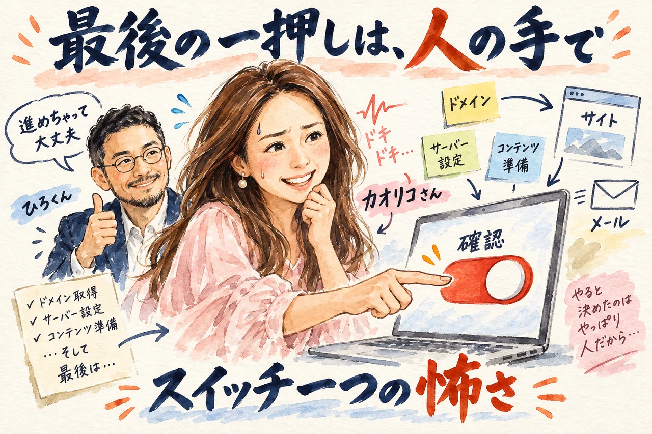 ChatGPTのブラウザ操作で独自ドメインの設定を任せてみた|画面が勝手に動く怖さと任せ方 設定は進み、最後の1つは人が押した。ボタン一つの怖さ グラレコ図解