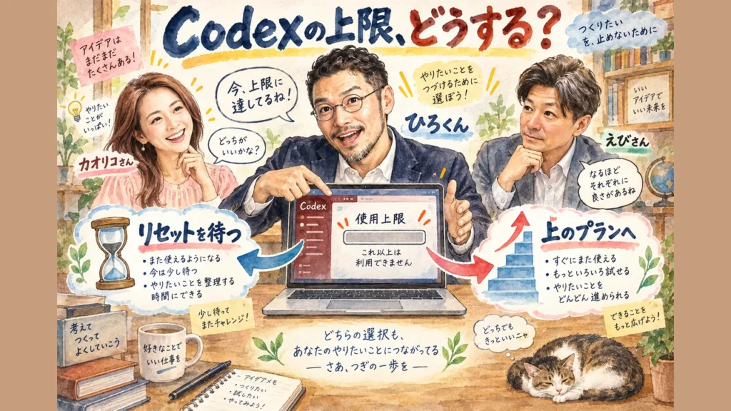 Codexの使用上限に達したら、リセットを待つか上のプランへ進むか overview グラレコ図解